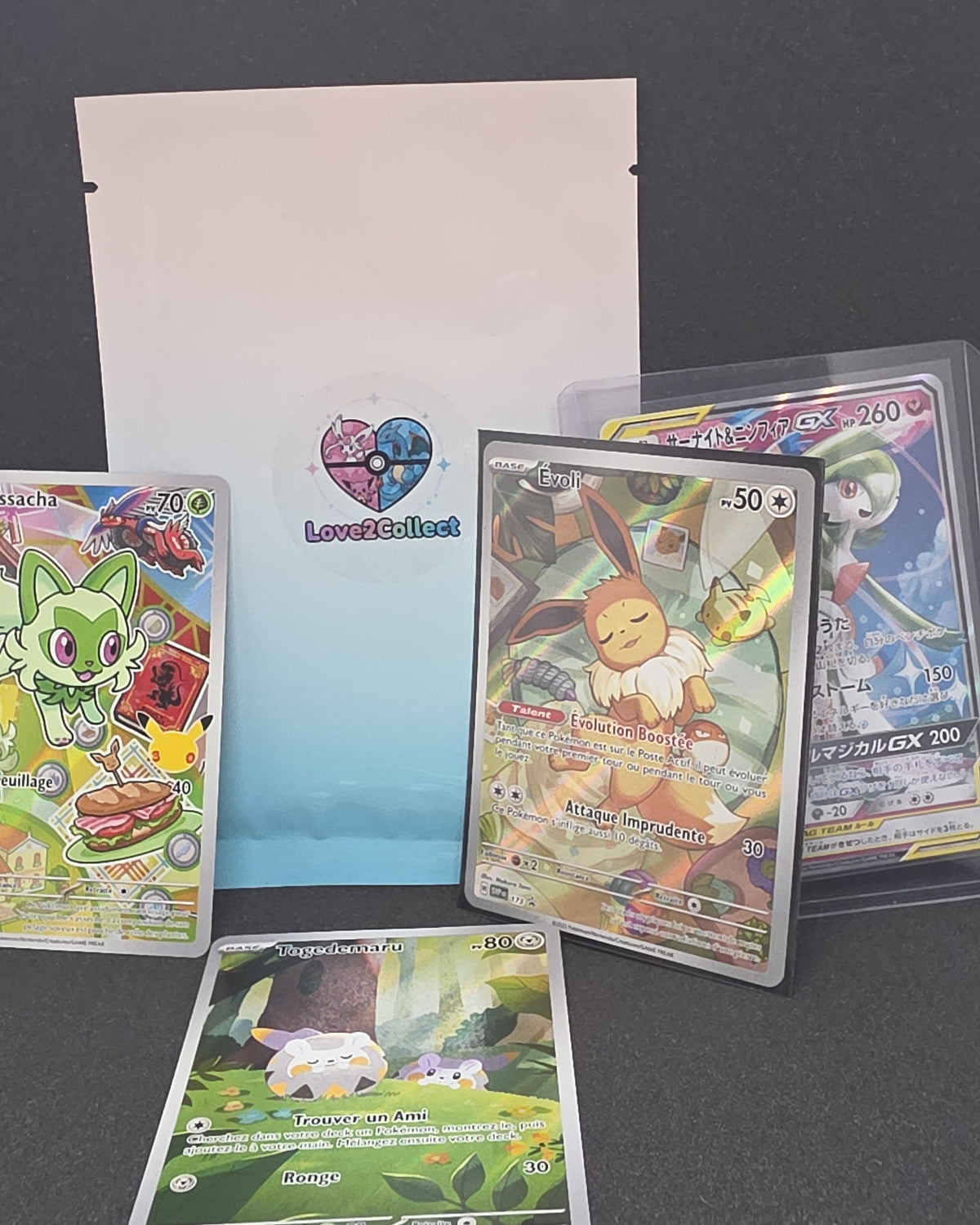 Pochette à thème kawaii de chez Love2Collect. On y vois la pochette en fond et plusieurs cartes Pokémon